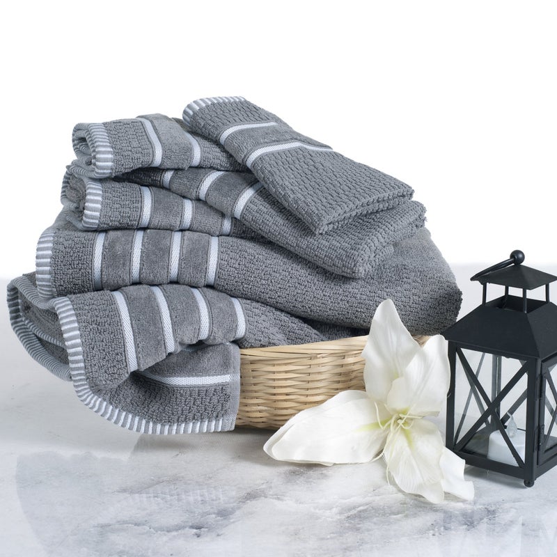 Lavish Home Luxury Cotton Towel Set - Rice Weave 100% Egyptian Cotton 6 Piece Set with 2 Bath Towels, 2 Hand Towels and 2 Washcloths - Silver Gray - Image 1